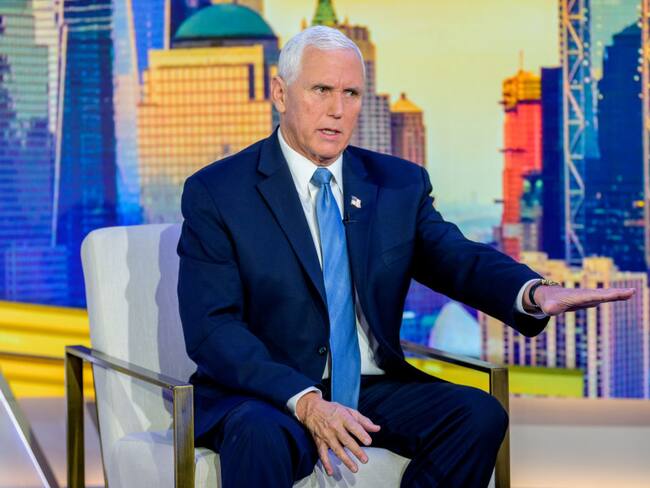 NEW YORK, NEW YORK - MARCH 24: Former Vice President Mike Pence Visits &quot;Mornings With Maria&quot; with host Maria Bartiromo at Fox Business Network Studios on March 24, 2023 in New York City. (Photo by Roy Rochlin/Getty Images)