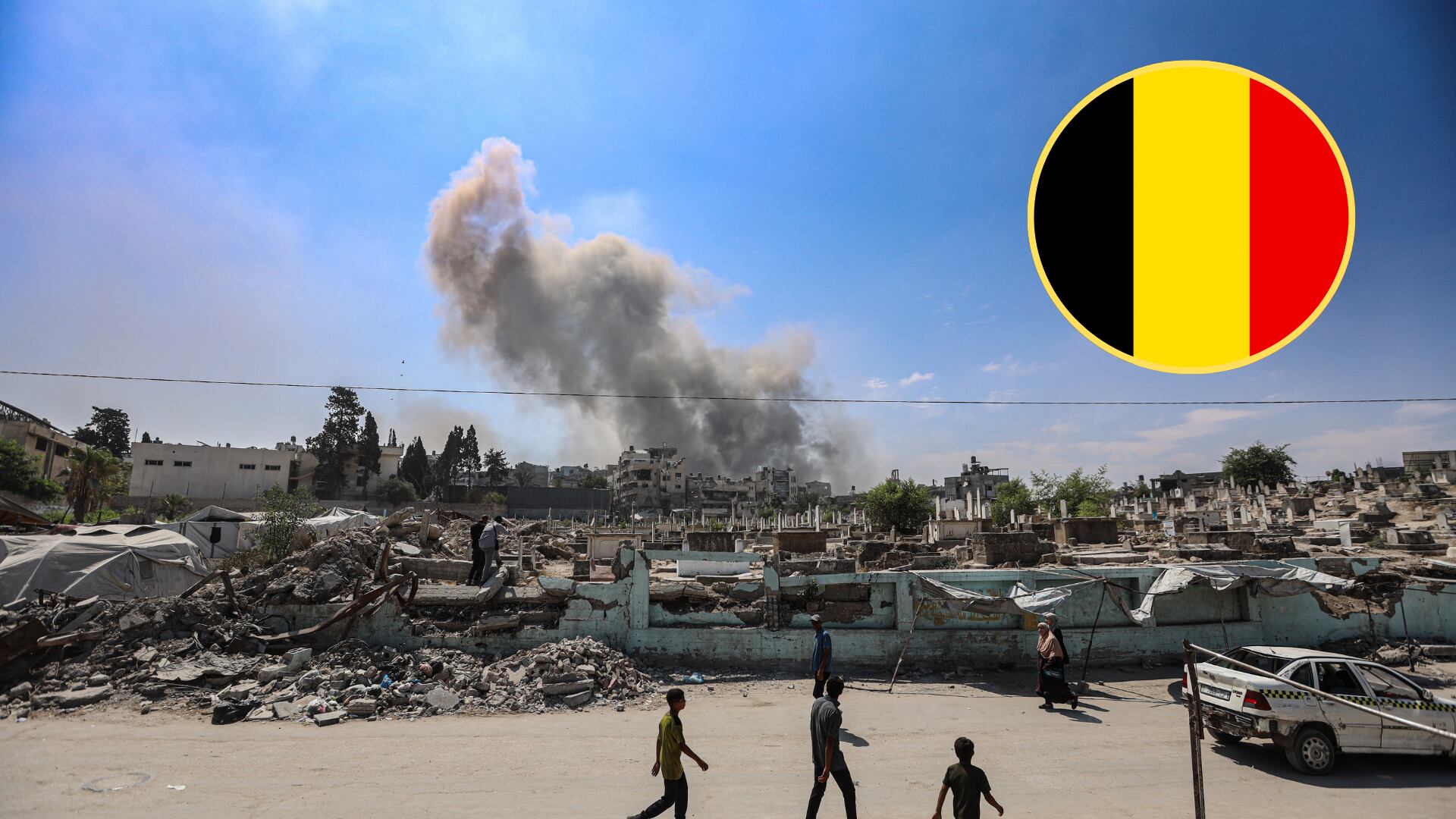 Gaza y bandera de Bélgica. Foto: Hamza Z. H. Qraiqea/Anadolu via Getty Images