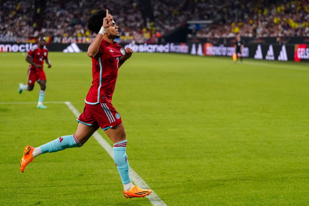 Luis Díaz celebra su gol frente a Alemania. 20 de junio de 2023. Foto: Joris Verwijst/BSR Agency/Getty Images.