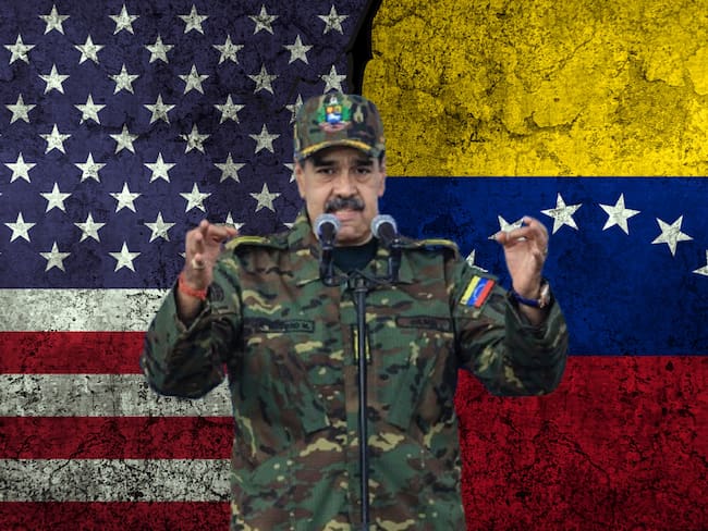 Nicolás Maduro y banderas de Estados Unidos y Venezuela. Fotos: (Photo by Jesus Vargas/Getty Images) / Getty Images
