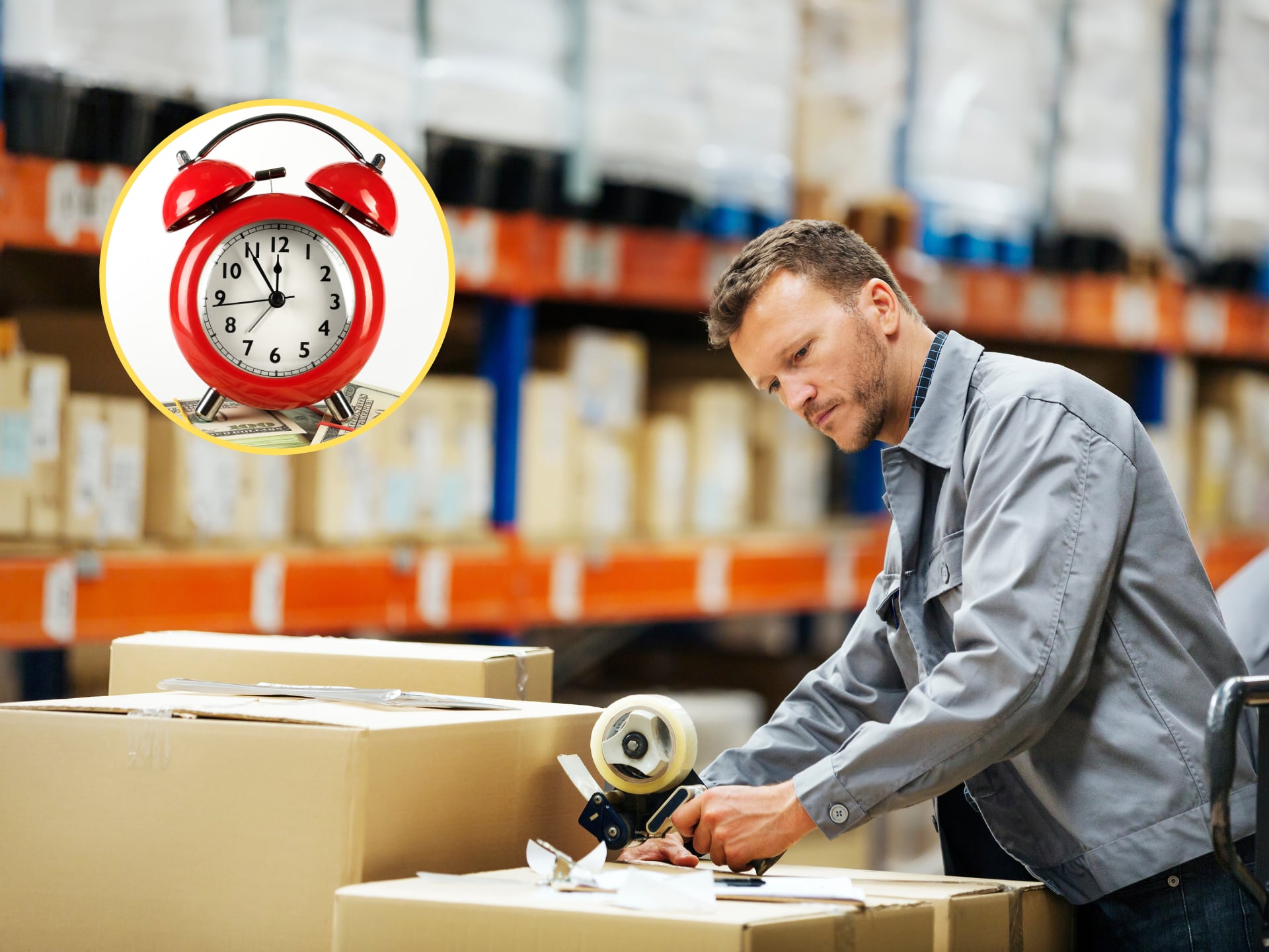 Trabajador empacando cajas de cartón en un almacén de distribución. En el círculo, la imagen de un reloj haciendo alusión a las horas extras (Fotos vía GettyImages)