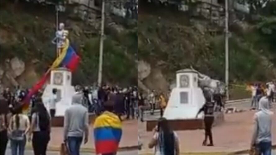 Manifestantes derribaron estatua de Francisco Fernández en Ocaña. Foto: Redes sociales