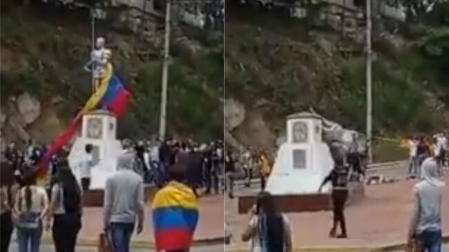 Manifestantes derribaron estatua de Francisco Fernández en Ocaña. Foto: Redes sociales
