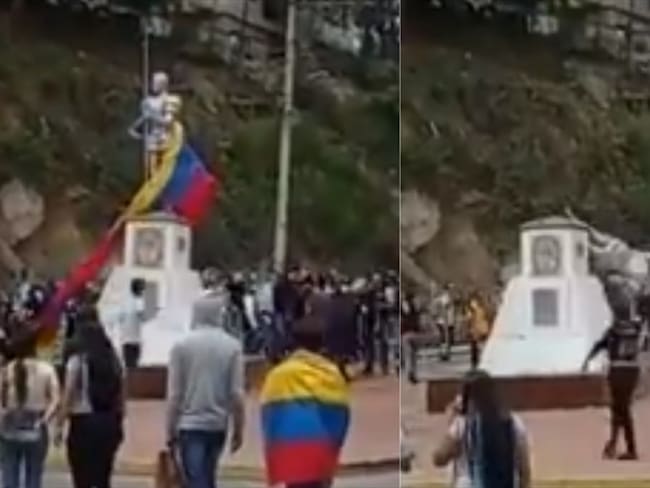 Manifestantes derribaron estatua de Francisco Fernández en Ocaña. Foto: Redes sociales