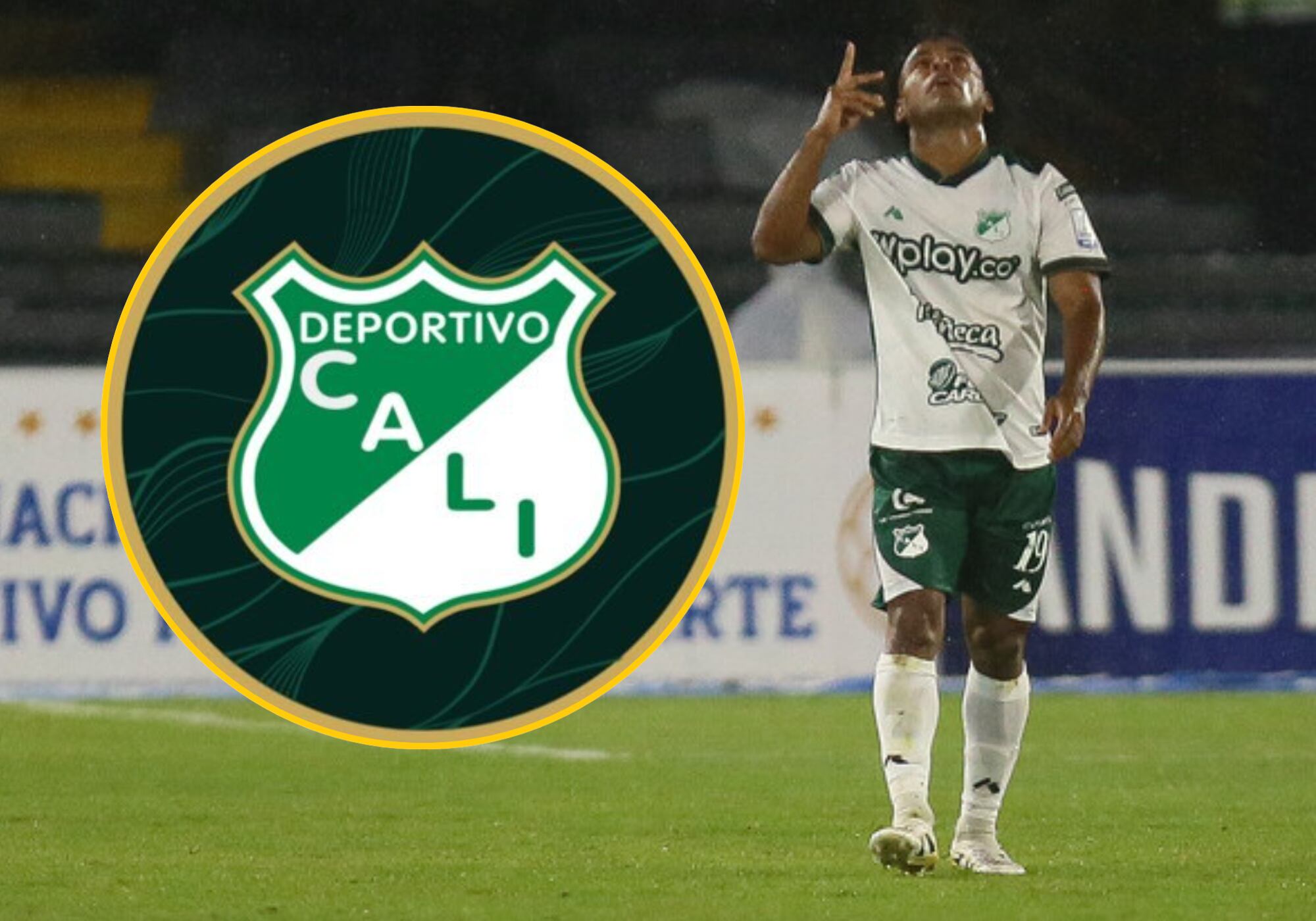 Escudo del Deportivo Cali y Johan Martínez. Fotos: X @AsoDeporCali / (Colprensa - Lina Gasca).