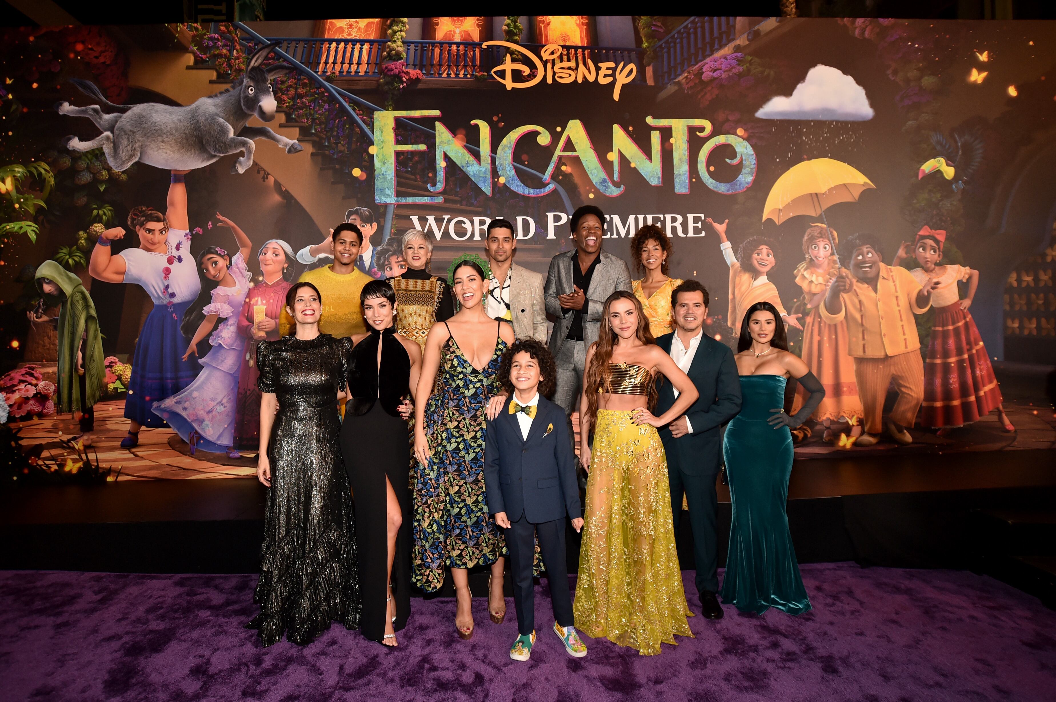 LOS ANGELES, CALIFORNIA - NOVEMBER 03: (L-R) Angie Cepeda, Rhenzy Feliz, Jessica Darrow, María Cecilia Botero, Stephanie Beatriz, Ravi Cabot-Conyers, Wilmer Valderrama, Mauro Castillo, Carolina Gaitán, Adassa, John Leguizamo, and Diane Guerrero attends the world premiere of Walt Disney Animation Studios' Encanto at El Capitan Theatre in Hollywood, California on November 03, 2021. (Photo by Alberto E. Rodriguez/Getty Images for Disney)