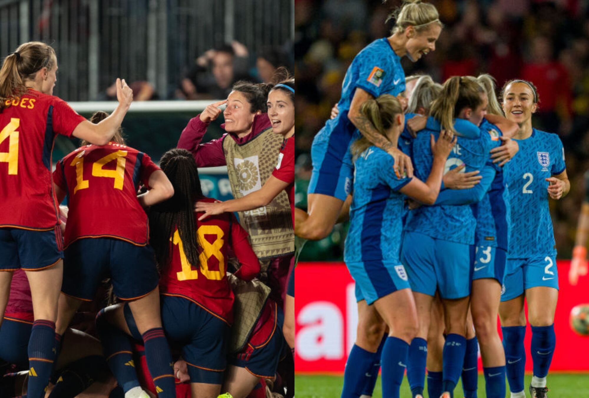 Selecciones femeninas de España e Inglaterra en el Mundial de Australia y Nueva Zelanda 2023. Fotos: Getty Images.