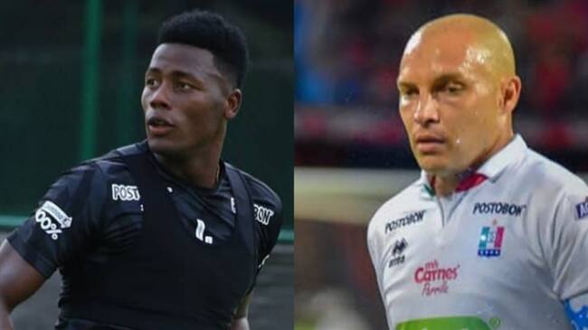 El defensor del Deportivo Cali, Dany Rosero chocó con su rival Andrés Felipe 'El Pecoso' Correa en medio de una jugada. . Foto: @oncecaldasoficial y @deportivocalioficial