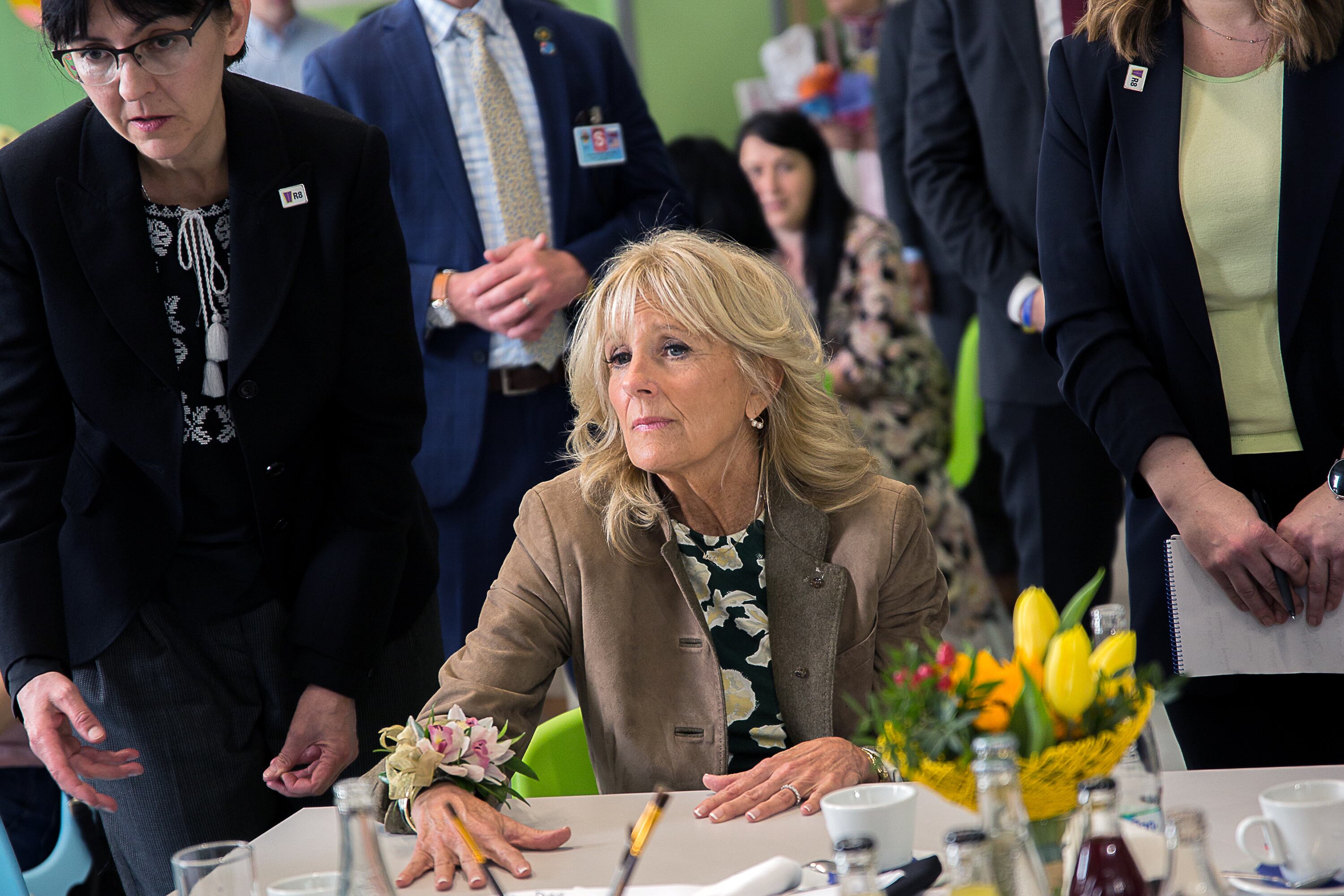 KOSICE, SLOVAKIA - MAY 08: U.S. First Lady Jill Biden listens to Ukrainian women one of whom fled Charkov at Primary School Tomasikova 31 where she meets Slovak and Ukrainian mothers with kids on Mother's day on May 8, 2022 in Kosice, Slovakia. (Photo by Zuzana Gogova/Getty Images)