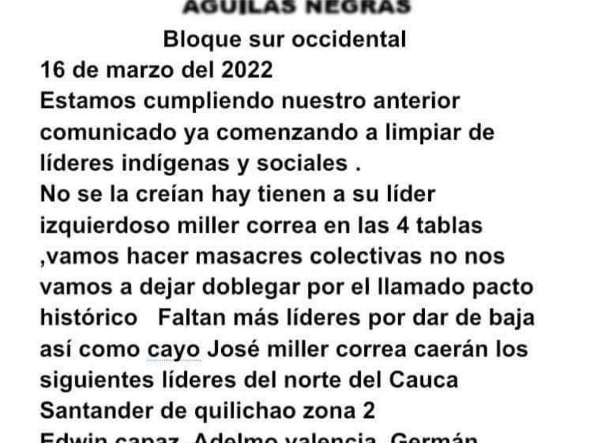 Un grupo armado al margen de la ley se atribuyó el asesinato de un líder indígena