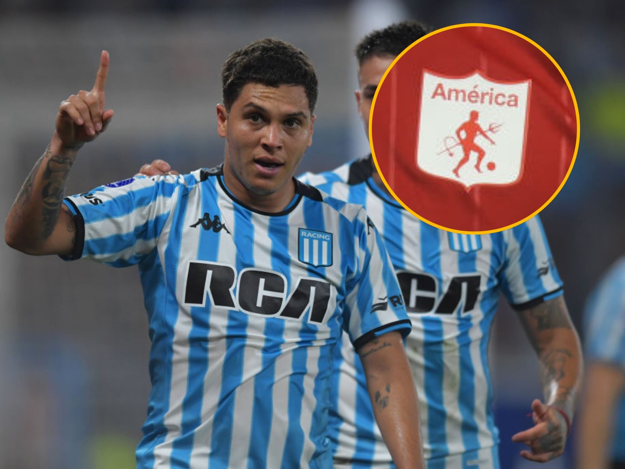 Juan Fernando Quintero y escudo del América de Cali. Fotos: Getty Images.