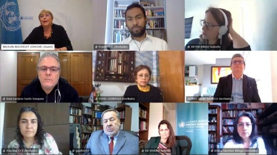 Varios delegados de las plataformas de derechos humanos sostuvieron una reunión virtual con la Alta Comisionada de la ONU para los Derechos Humanos, Michelle Bachelet. Foto: Organizaciones sociales
