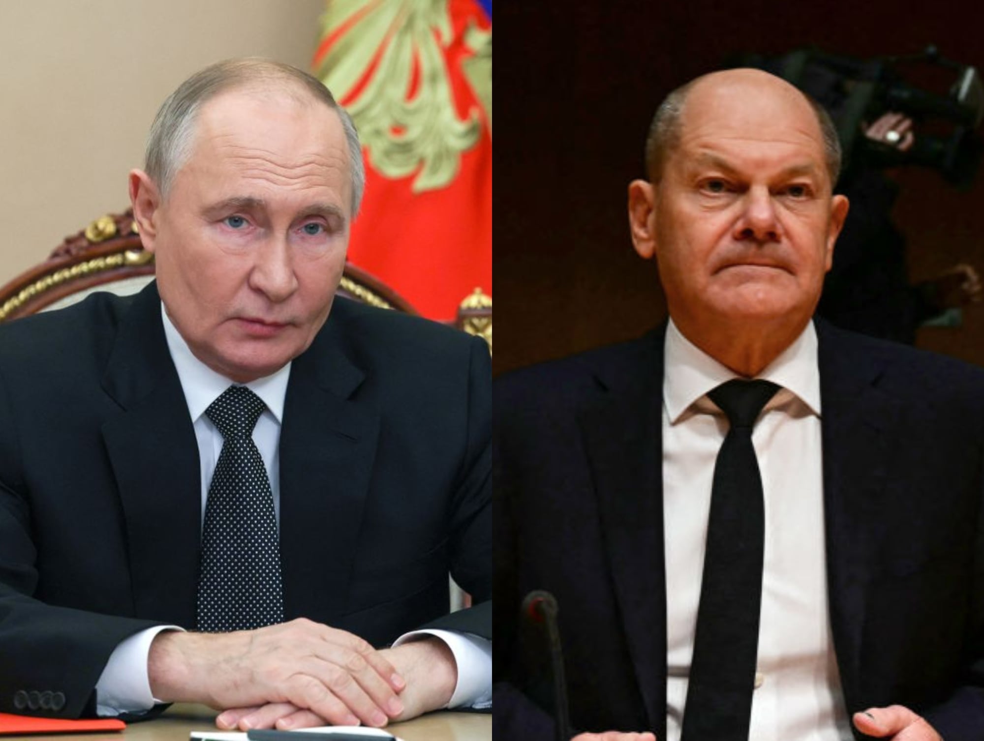 Vladimir Putin. I Foto: VYACHESLAV PROKOFYEV/POOL/AFP via Getty Images. Olaf Scholz. I Foto: Michael Kappeler/picture alliance via Getty Images.