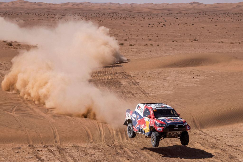 TOPSHOT - Qatari driver Nasser Al-Attiyah and French co-driver Matthieu Baumel compete during the Rally of Morocco 2021, in the region of M'hamid el Ghizlane, on October 13, 2021. (Photo by FADEL SENNA / AFP) (Photo by FADEL SENNA/AFP via Getty Images)