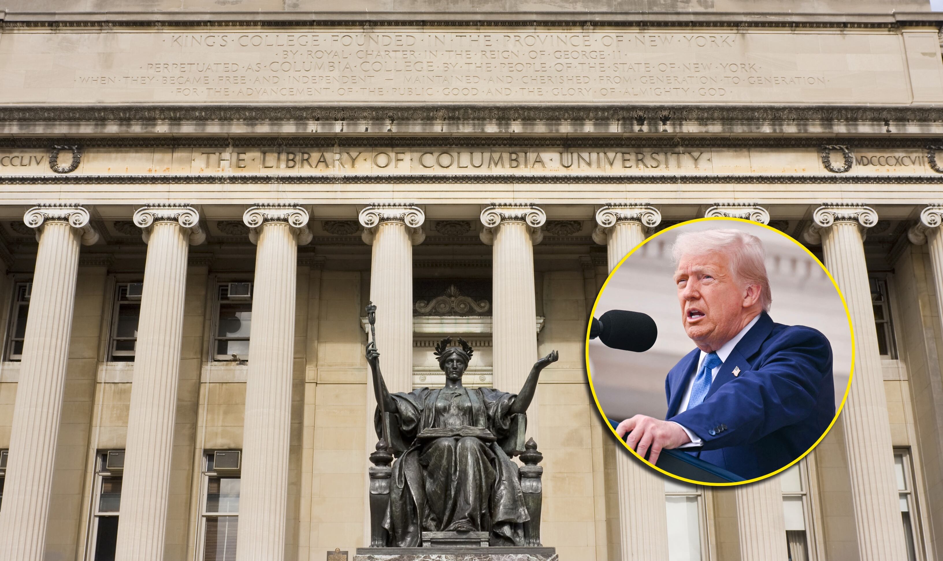 Universidad de Columbia y Donald Trump. Foto: Lya_Cattel y SAUL LOEB/AFP via Getty Images.