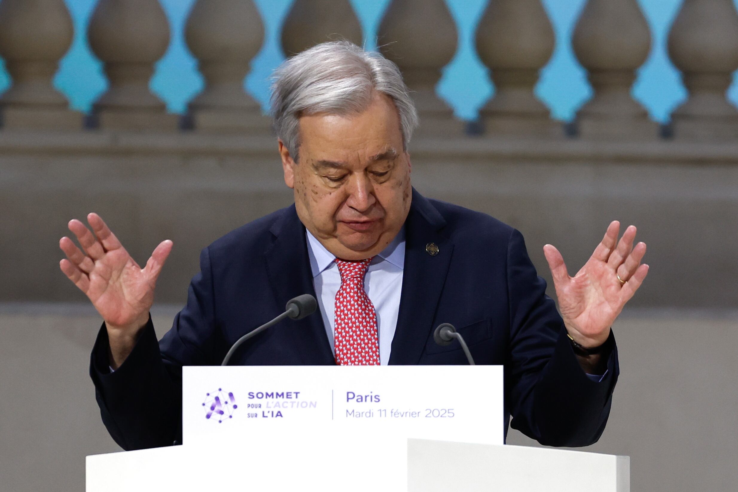 PARIS (France), 11/02/2025.- United Nations (UN) Secretary-General Antonio Guterres delivers a speech during a plenary session of the Artificial Intelligence (AI) Action Summit at the Grand Palais in Paris, France, 11 February 2025. The summit takes place from 10 to 11 February. (Francia) EFE/EPA/MOHAMMED BADRA