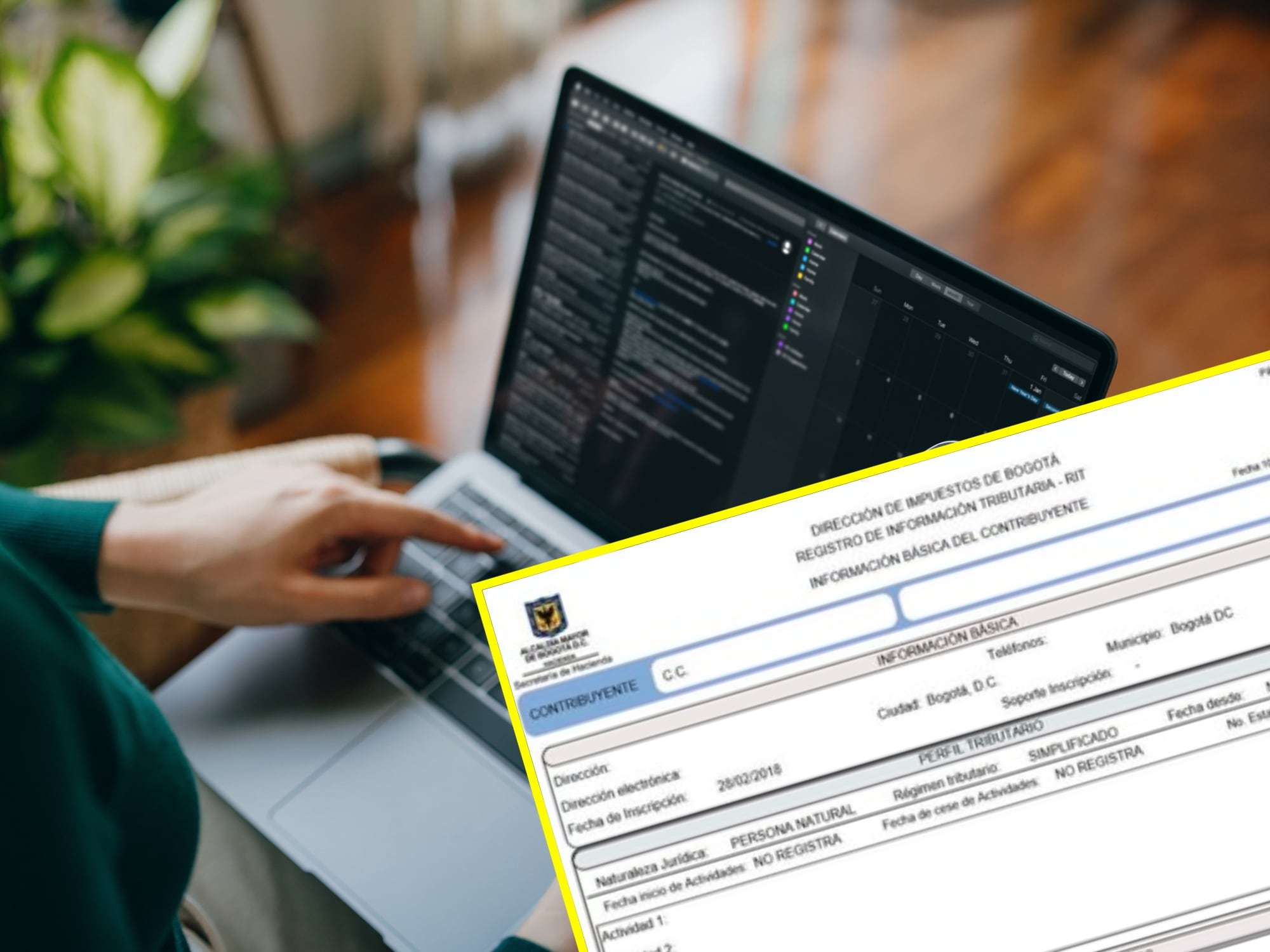 Persona en computador, pantallazo del Registro de Información Tributaria. Foto: Getty Images/ Secretaría de Hacienda.