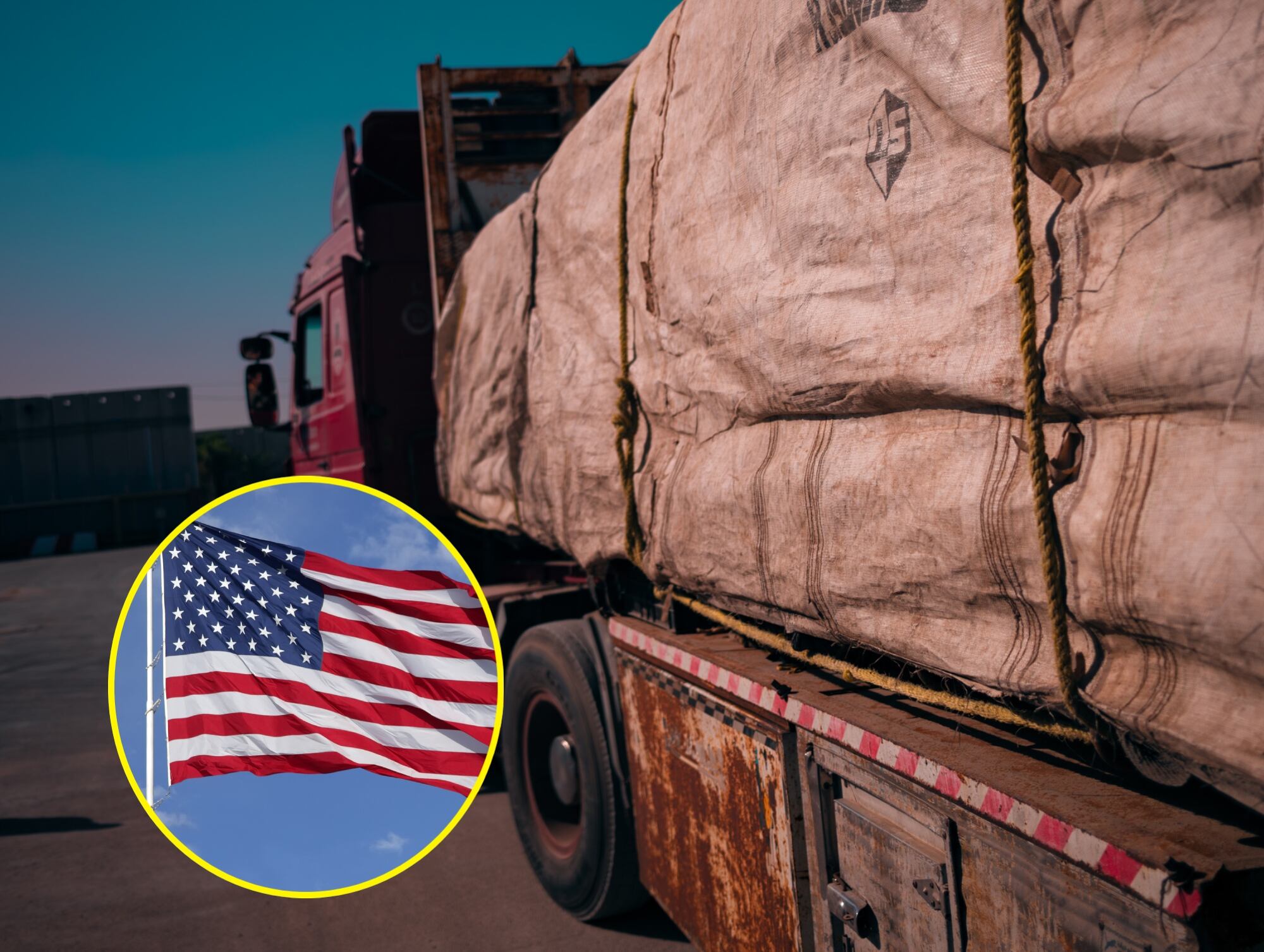 Camiones de ayuda humanitaria y bandera de Estados Unidos. I Fotos: Getty Images.