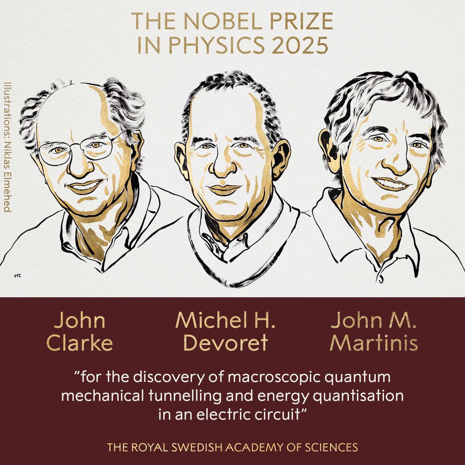 Los científicos John Clarke, Michel Devoret y John Martinis son los ganadores del Premio Nobel de Física. Foto tomada del perfil de X @NobelPrize