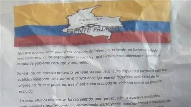El escrito circuló en la plaza principal de Santander de Quilichao y generó alerta entre las comunidades indígenas. . Foto: Acin