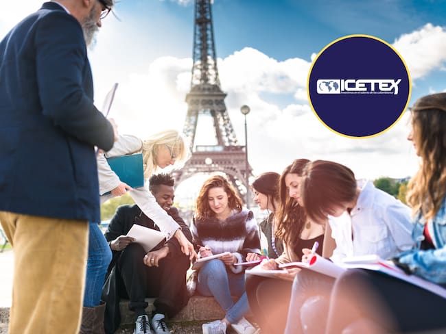 Jóvenes estudiando frente a la Torre Eiffel en París, Francia. En el círculo, el logo de ICETEX (Fotos vía GettyImages y redes sociales)