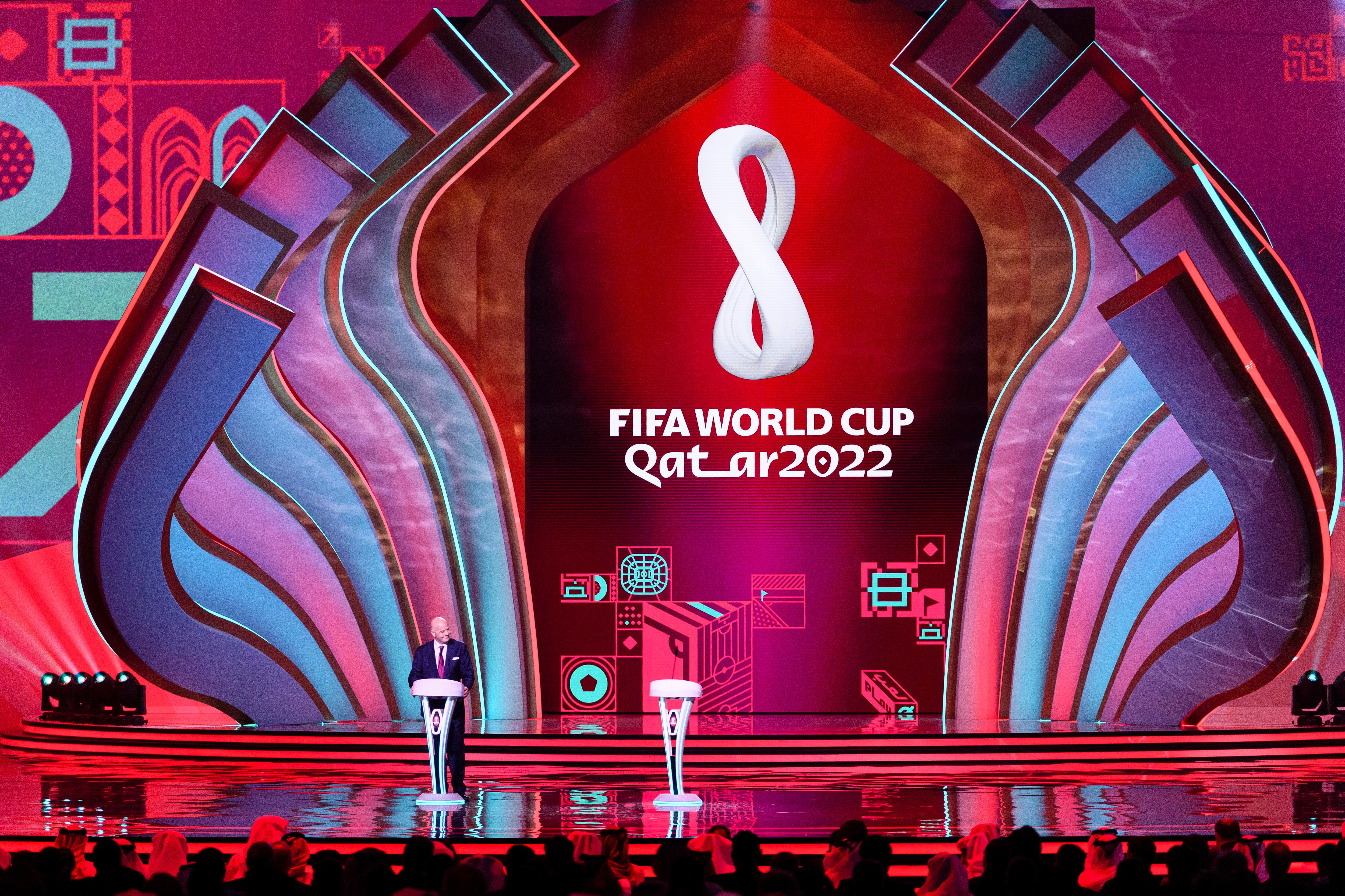 DOHA, QATAR - APRIL 01: FIFA President Gianni Infantino talks during the FIFA World Cup Qatar 2022 Final Draw at Doha Exhibition Center on April 1, 2022 in Doha, Qatar. (Photo by Marcio Machado/Eurasia Sport Images/Getty Images)