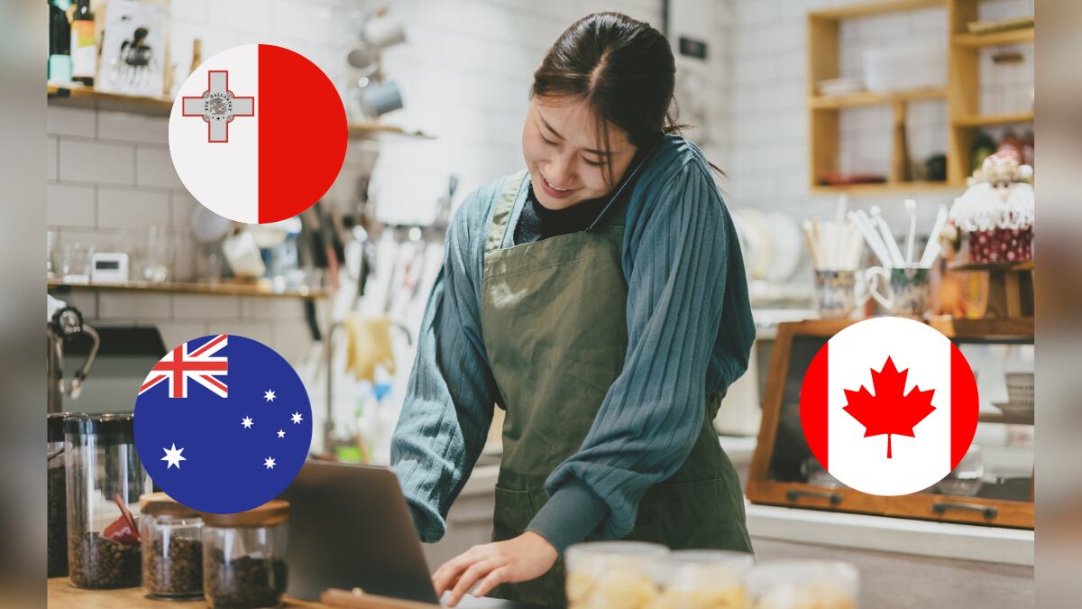 Mujer joven trabajando en restaurante / Bandera Canadá, Malta y Australia (Getty Images)