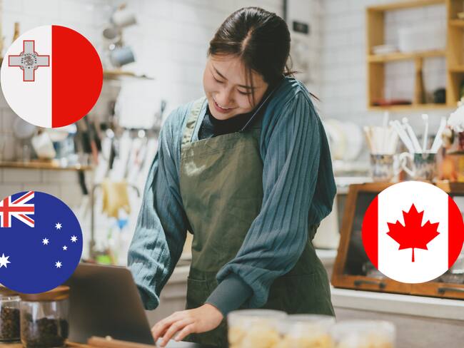 Mujer joven trabajando en restaurante / Bandera Canadá, Malta y Australia (Getty Images)