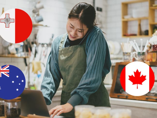 Mujer joven trabajando en restaurante / Bandera Canadá, Malta y Australia (Getty Images)