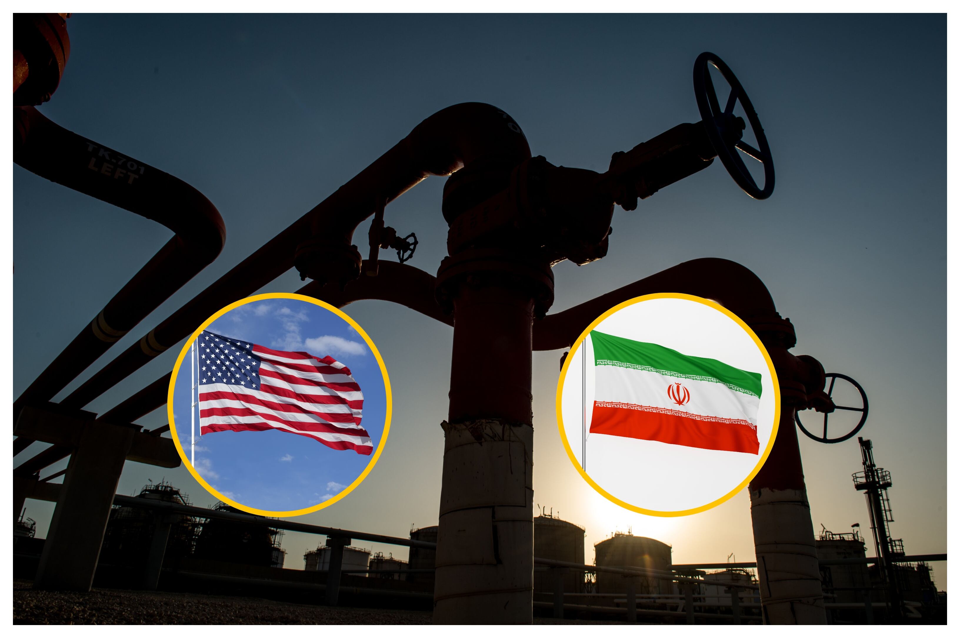 Rferencia de crudo, banderas de EE.UU. e Irán. Foto: Bloomerg Creative/ Wong Yu Liang/ Grace Cary vía Getty Images. 