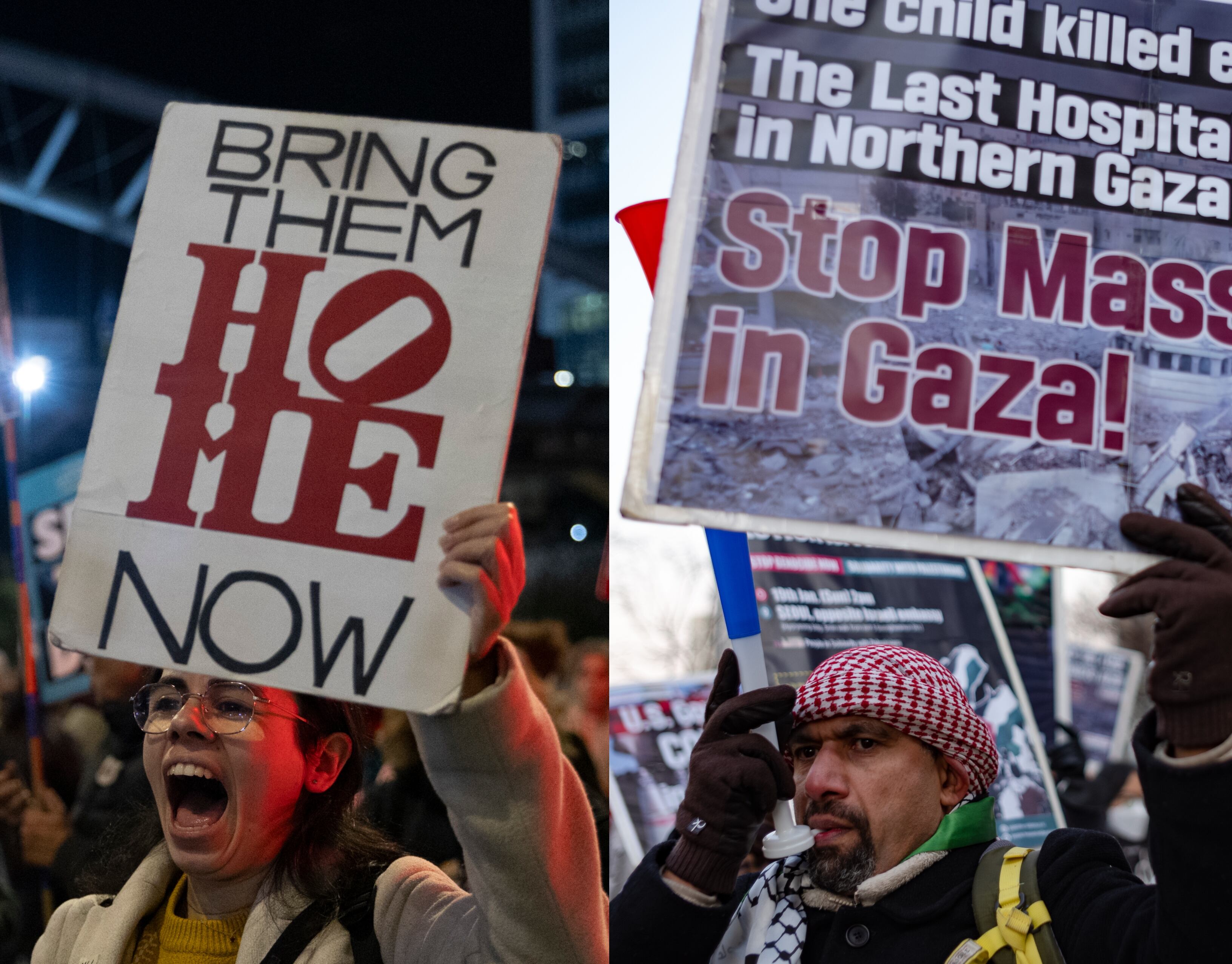Protestas en Tel Aviv, Israel | FOTO: Amir Levy/Getty Images. Protestas en Seúl, Corea del Sur | FOTO: Chris Jung/NurPhoto vía Getty Images