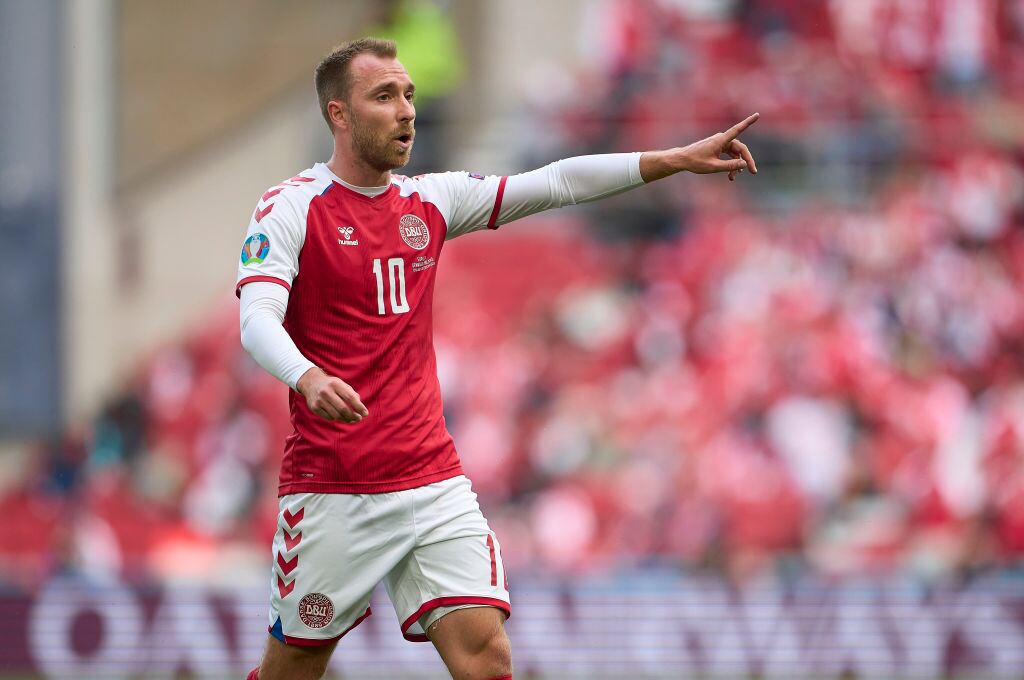 COPENHAGEN, DENMARK - JUNE 12: Christian Eriksen of Denmark gestures during the UEFA EURO 2020 Group B match between Denmark and Finland at Parken Stadium on June 12, 2021 in Copenhagen, Denmark. (Photo by Lars Ronbog / FrontZoneSport via Getty Images)