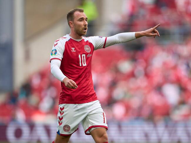 COPENHAGEN, DENMARK - JUNE 12: Christian Eriksen of Denmark gestures during the UEFA EURO 2020 Group B match between Denmark and Finland at Parken Stadium on June 12, 2021 in Copenhagen, Denmark. (Photo by Lars Ronbog / FrontZoneSport via Getty Images)