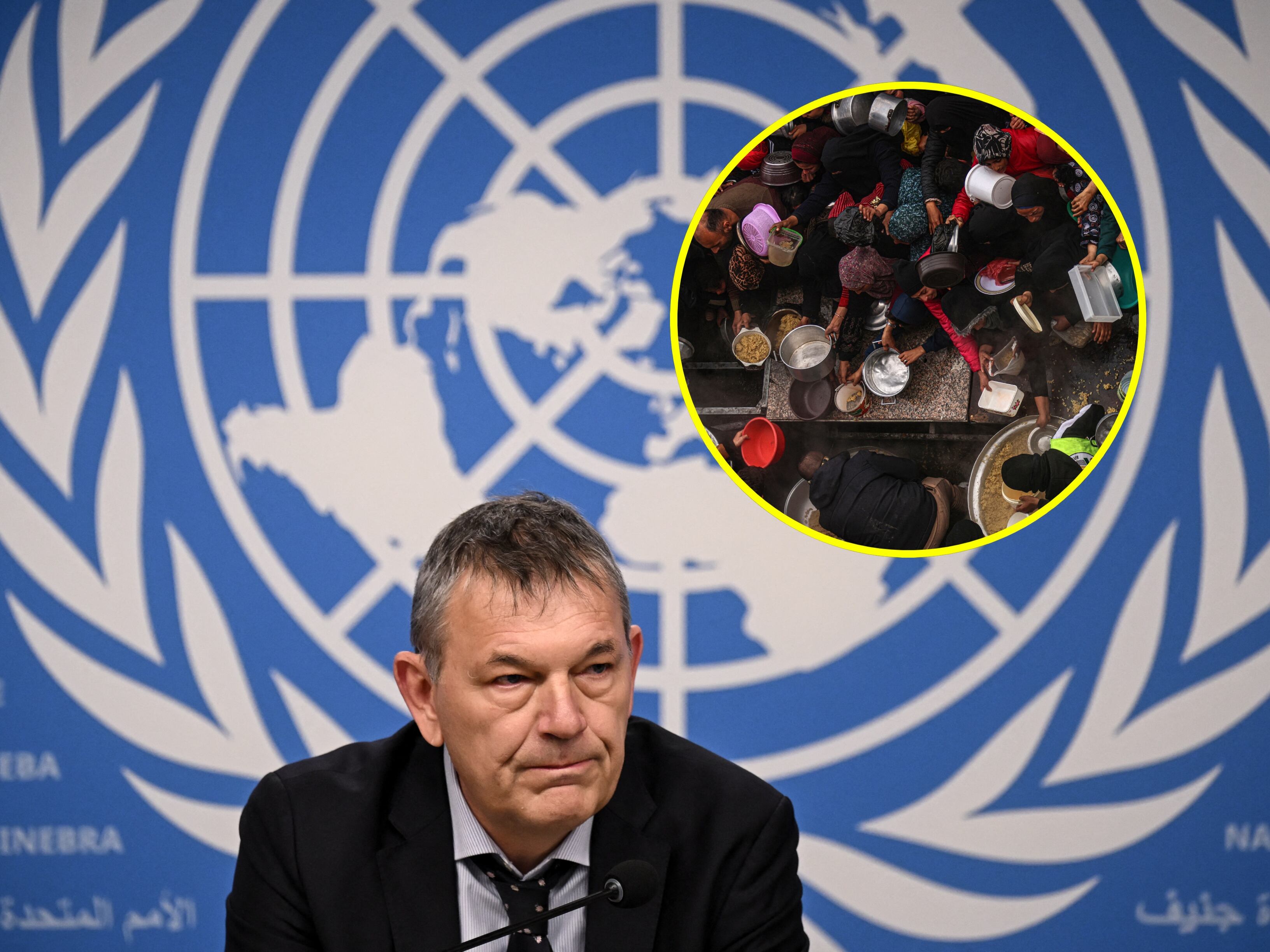 Philippe Lazzarini y comida en Gaza. Foto: FABRICE COFFRINI/SAID KHATIB/AFP via Getty Images.