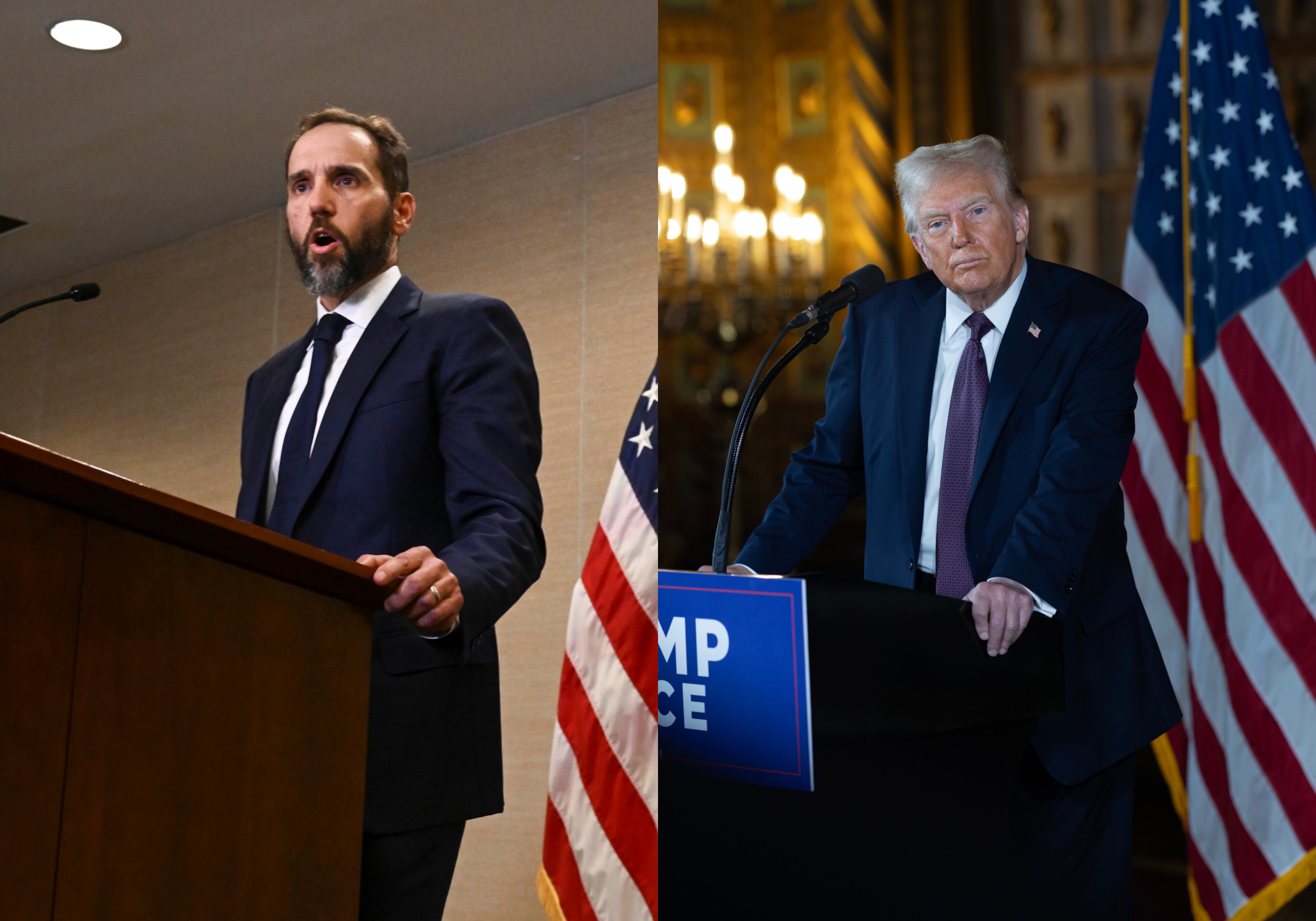 El fiscal especial Jack Smith (Ricky Carioti/The Washington Post vía Getty Images) y el presidente electo de Estados Unidos, Donald Trump (Scott Olson/Getty Images)