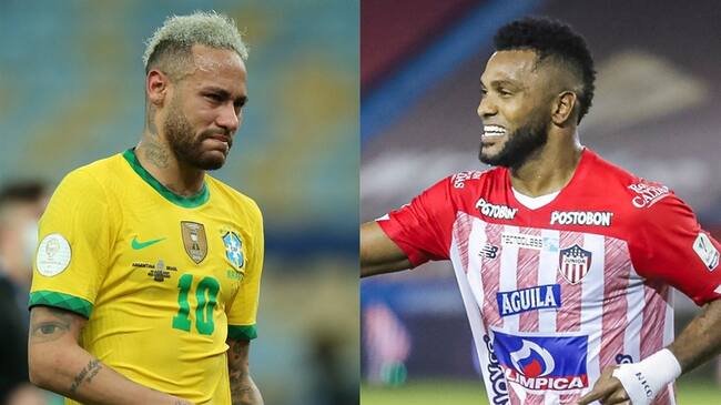 Neymar Jr, atacante de la selección Brasileña, y Miguel Ángel Borja, delantero de la Selección Colombia. Foto: Alexandre Schneider/Getty Images – Colprensa / Dimayor
