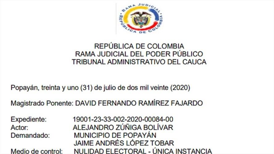 Aunque el Tribunal Administrativo del Cauca admitió la petición, aclaró que el aviso sí fue entregado al interesado a través de correo electrónico. Foto: Cortesía