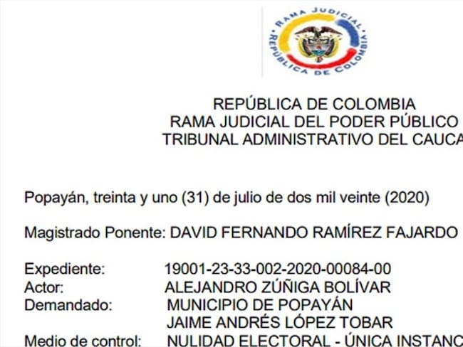 Aunque el Tribunal Administrativo del Cauca admitió la petición, aclaró que el aviso sí fue entregado al interesado a través de correo electrónico. Foto: Cortesía