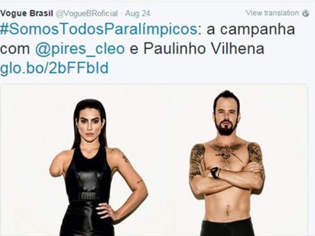 Los embajadores del Comité Paralímpico Brasileño, Cleo Pires y Paulino Vilhena, son los protagonistas de esta imagen lanzada por Vogue Brasil.. Foto: BBC Mundo