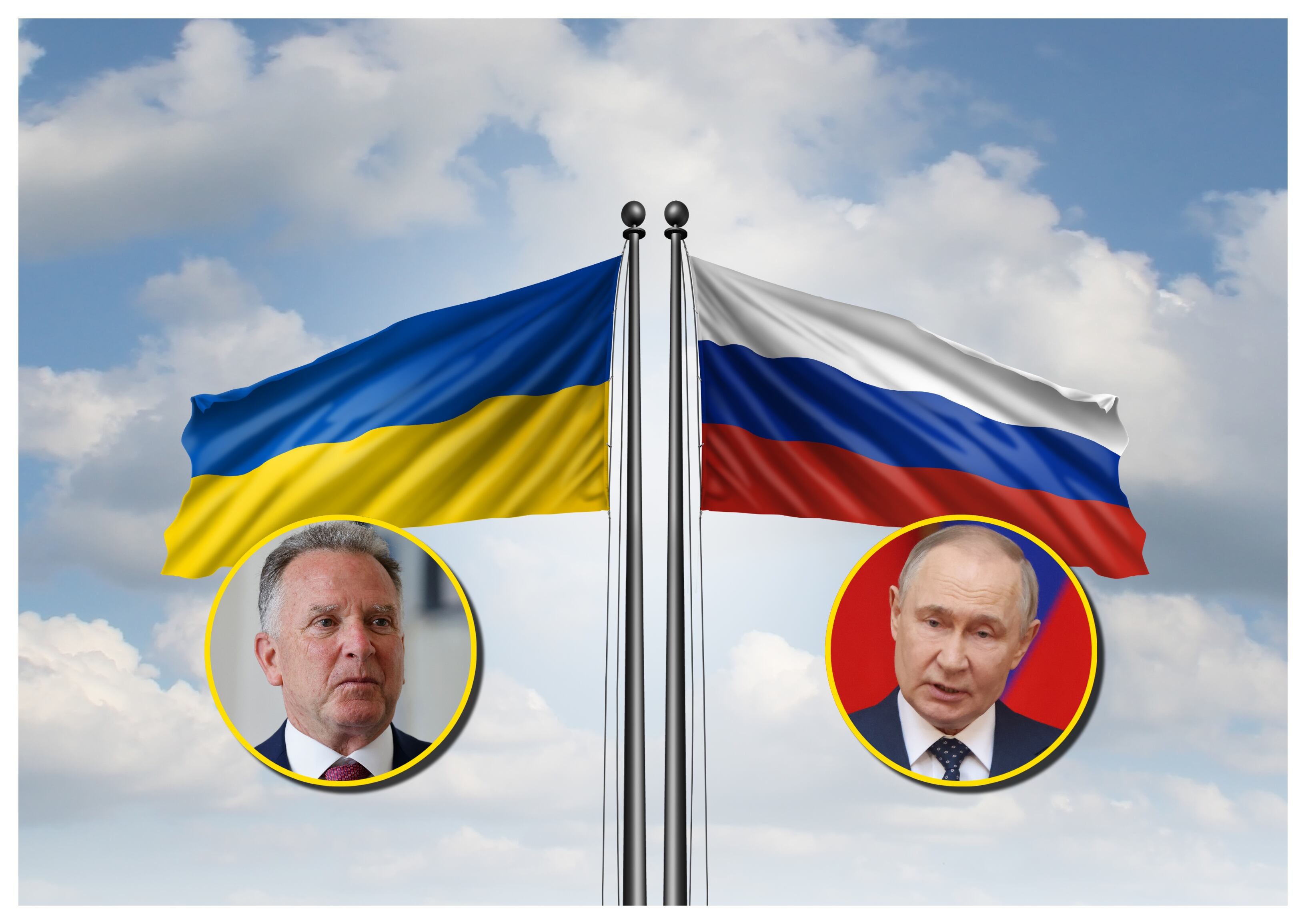 Banderas de Rusia y Ucrania, Putin y Witkoff. Foto: Wildpixel/ LUDOVIC MARIN/POOL/AFP/ Contributor via Getty Images.