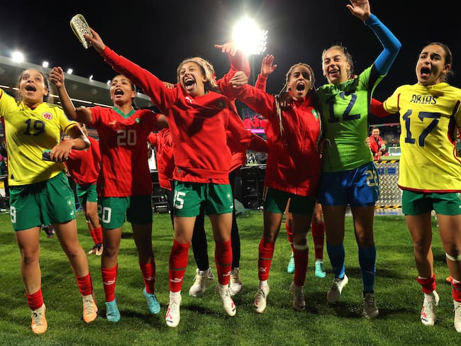Perth (Australia), 03/08/2023.- Players of Morocco celebrate their win after the FIFA Women&#039;s World Cup 2023 soccer match between Morocco and Colombia at Perth Rectangular Stadium in Perth, Australia, 03 August 2023. (Mundial de Fútbol, Marruecos) EFE/EPA/RICHARD WAINWRIGHT EDITORIAL USE ONLY AUSTRALIA AND NEW ZEALAND OUT