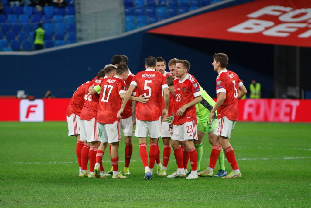SAINT PETERSBURG, RUSSIA - 2021/11/11: Russia team players seen during the 2022 FIFA World Cup Qualifiers match between Russia and Cyprus at Gazprom Arena.Final score; Russia 6:0 Cyprus. (Photo by Maksim Konstantinov/SOPA Images/LightRocket via Getty Images)