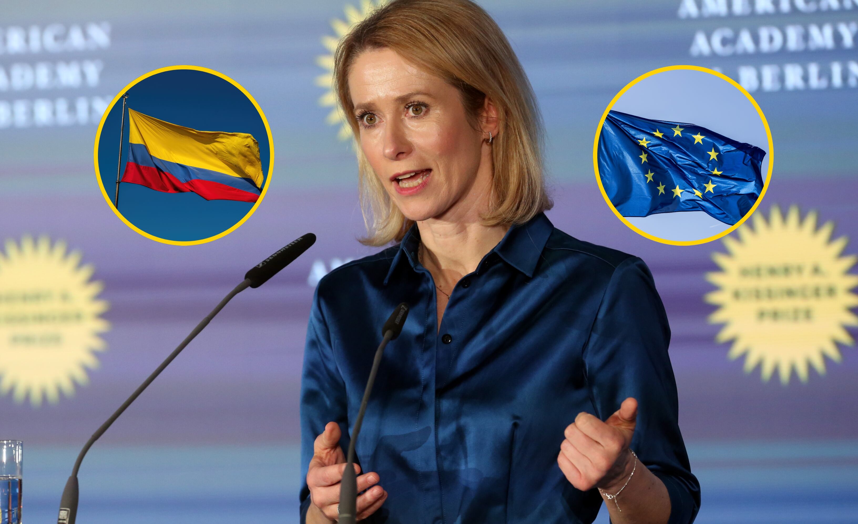 Kaja Kallas y banderas de Colombia y UE. Foto: Adam Berry, fhm, Simon McGill vía Getty Images. 