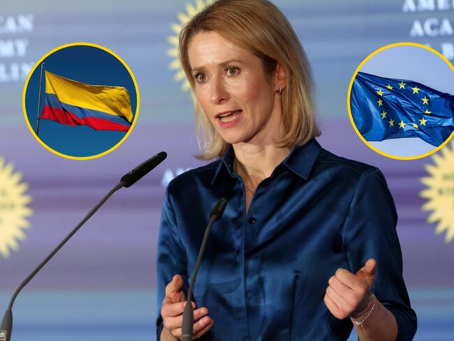 Kaja Kallas y banderas de Colombia y UE. Foto: Adam Berry, fhm, Simon McGill vía Getty Images.