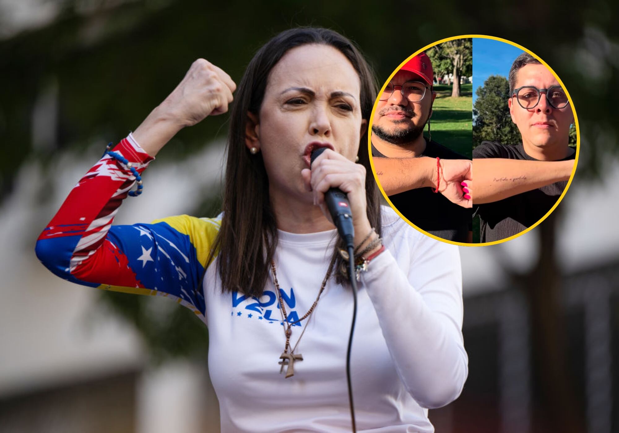 María Corina Machado pidió garantizar protección para dos activistas venezolanos atacados en Bogotá. Foto: Getty Images/ Redes sociales.