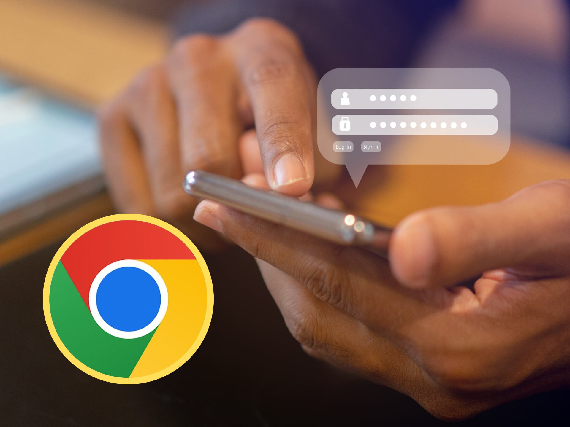 Persona usando su celular para acceder a su cuenta por medio de usuario y contraseña. En el círculo, logo de Google Chrome (GettyImages / Redes sociales)