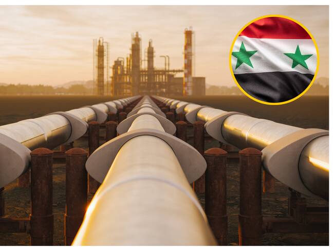 Viaductos de gas y bandera de Siria. Foto: Getty Images.