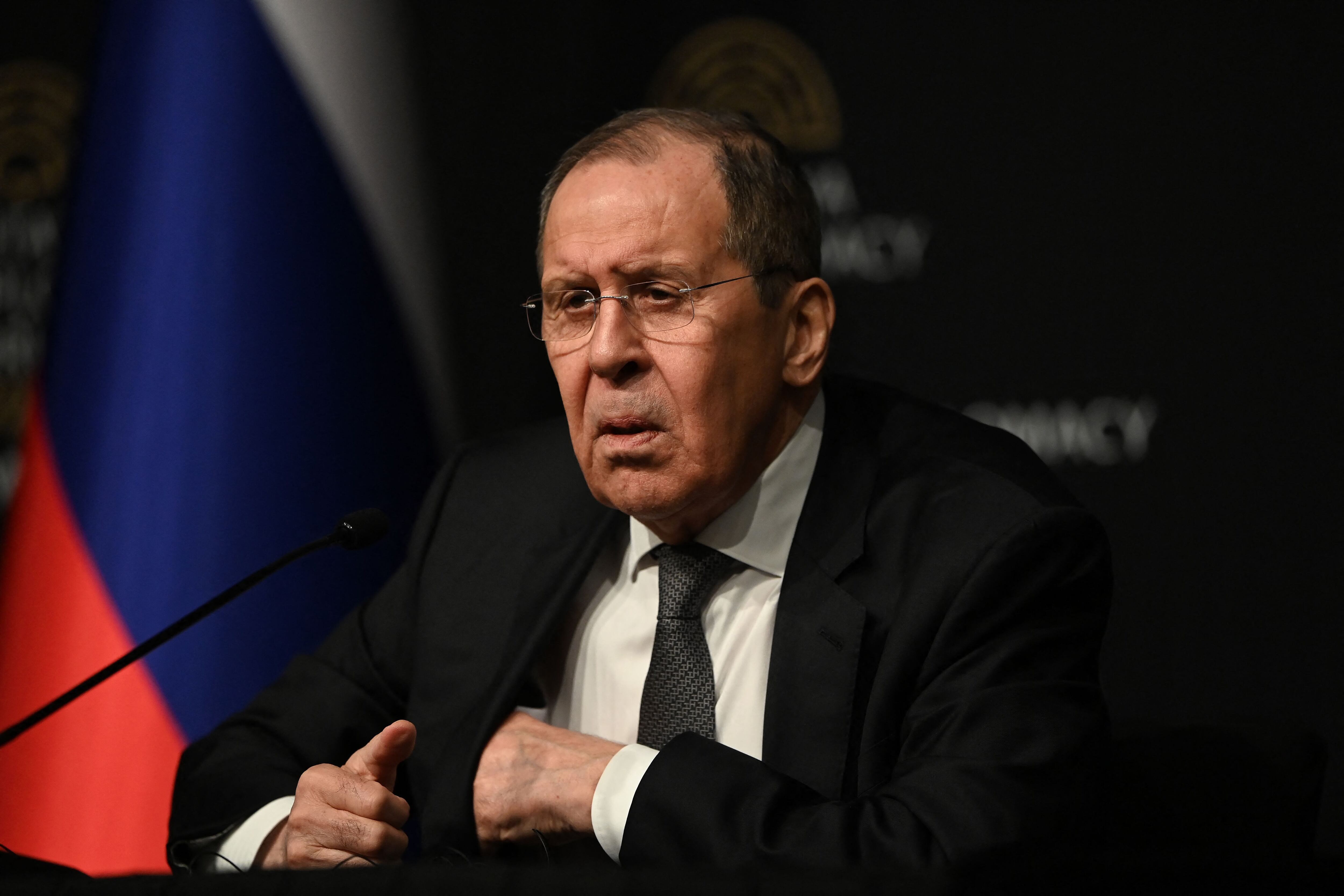 Russian Foreign Minister Sergei Lavrov gives a press conference after meeting Ukraine's Foreign Minister for talks in Antalya, on March 10, 2022, 15 days after Russia launched a military invasion on Ukraine. - Russian and Ukrainian foreign ministers are in Turkey to hold face-to-face talks in the first high-level contact since the invasion. (Photo by OZAN KOSE / AFP) (Photo by OZAN KOSE/AFP via Getty Images)