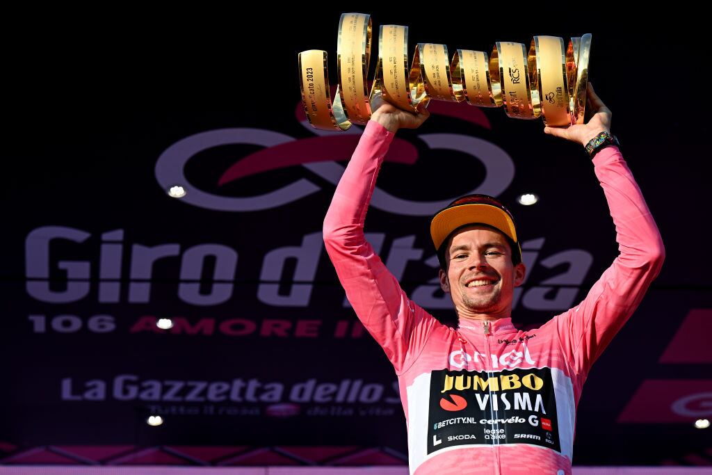 ROME, ITALY - MAY 28: Primož Roglič of Slovenia and Team Jumbo-Visma - Pink Leader Jersey celebrates at podium with the Trofeo Senza Fine as final overall race winner during the 106th Giro d'Italia 2023, Stage 21 a 126km stage from Rome to Rome / #UCIWT / on May 28, 2023 in Rome, Italy. (Photo by Stuart Franklin/Getty Images,)