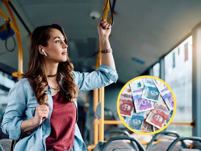 Mujer en transporte público. En el círculo, billetes colombianos (GettyImages)